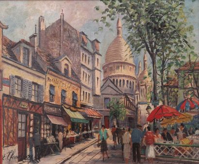 E. THIOULOUZE ( XXème siècle) Place du Tertre, Montmartre - Huile sur toile signée...