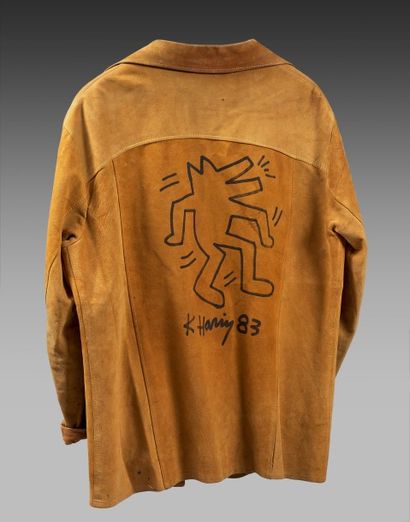 Keith Haring (1958-1990) Veste en daim portant au dos un dessin de l'artiste, signé...