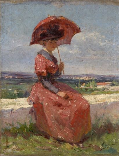 Adrien TANOUX (1865- 1923) Jeune femme à l'ombrelle - Huile sur toile signée en bas...