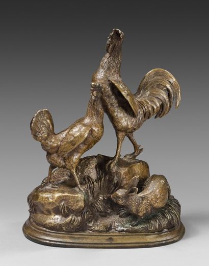 Jules Moigniez (1835-1894) Coq, poule et lapin, bronze signé- H. 20,5 cm