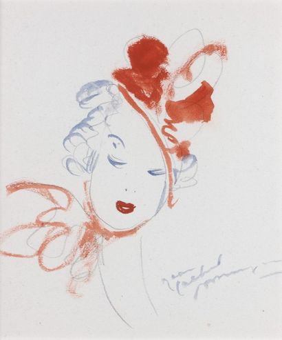 Jean Gabriel DOMERGUE (1889-1962) Portrait de jeune femme au chapeau rouge - aquarelle...