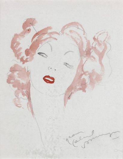 Jean Gabriel DOMERGUE (1889-1962) Portrait de jeune femme rousse - crayon et aquarelle...