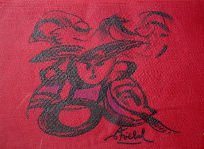 Edgar STOEBEL (1909-2001) Visage de face - Encre rehaussée sur tissu rouge signé...