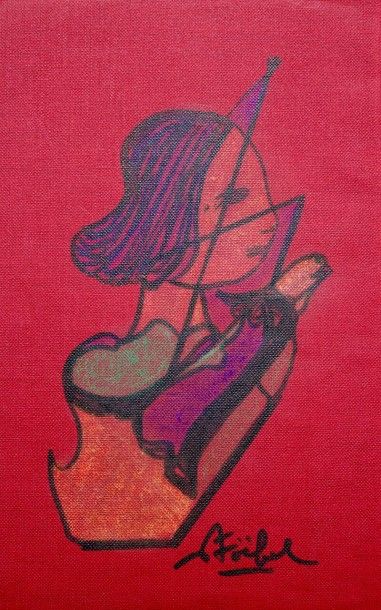 Edgar STOEBEL (1909-2001) Femme de profil - Pastel et encre sur tissu rouge signée...