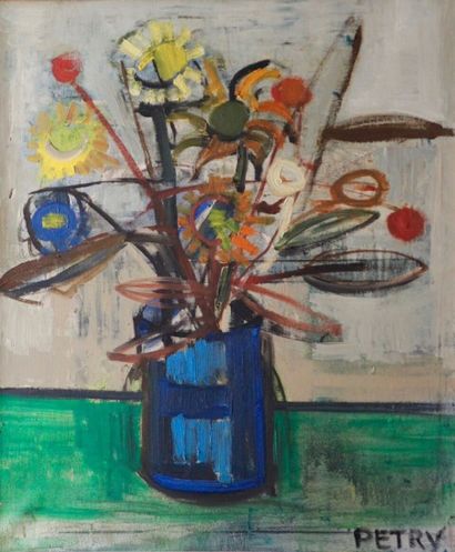 PETRY (XXème siècle) Bouquet - Huile sur toile signée en bas à droite -70 x 60 cm...