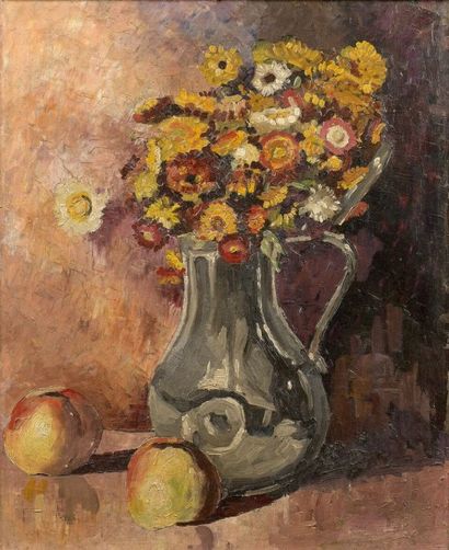 Jean PESKE (1870 - 1949) Vase de fleurs - Huile sur carton signée en bas à gauche...