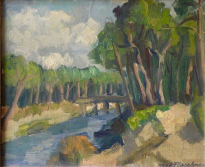 Alexandre FLASCHNER (1920-1995) Rivière dans la forêt - Huile sur toile signée et...