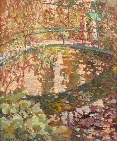 Eugène BEGARAT (né en 1943) Le pont fleuri , Giverny- Huile sur toile signée en bas...