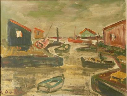 Roland DUBUC (1924-1998) Bateaux à marée basse - Huile sur panneau signée en bas...