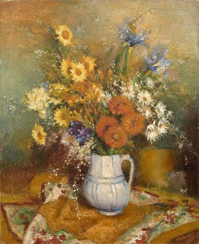 Marcel DYF (1899-1955) Quatre soucis et deux iris, approximativement 1930 - Huile...