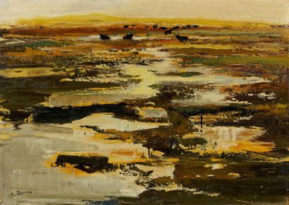 Michel JOUENNE (né en 1933) Taureaux en camargue, huile sur toile signée en bas à...