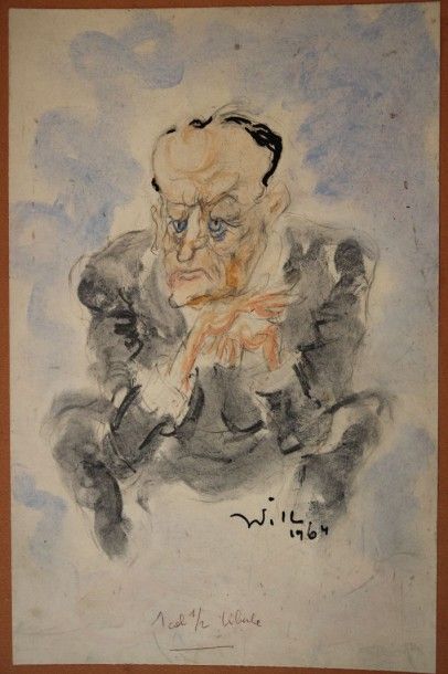 WILL (1927-2000) Portrait d'André Malraux - Dessin et aquarelle signé en bas à droite...