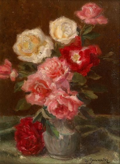 Georges JEANNIN (1841-1925) Bouquet de fleurs - Huile sur carton signé en bas à droite...