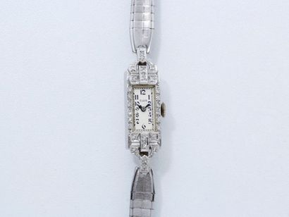 Elgin Montre bracelet de dame en platine 850 millièmes, cadran argenté avec chiffres...