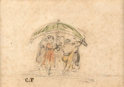 Camille FLERS (1802- 1862) - l'ombre - Dessin aux crayons de couleurs monogrammé...