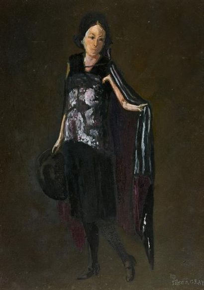 Ecole anglaise - Portrait d'Eileen GRAY (1878-1976) Elégante, projet de costume -...