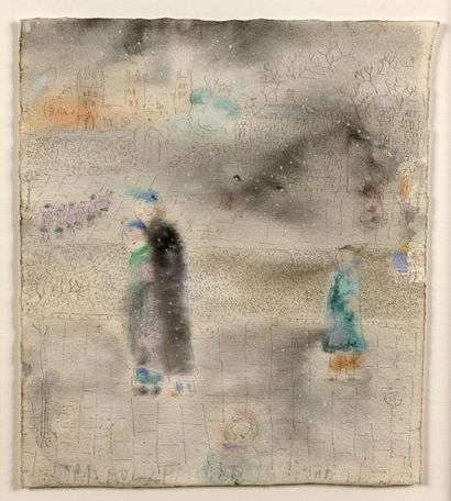 Dora HOLZHANDLER (1928-2015) Personnages sur une place - Encre et aquarelle sur papier...