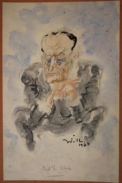 Willy MALTAITE dit WILL (1927-2000) - Portrait d'André Malraux - Dessin et aquarelle...