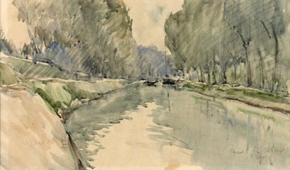 Fernand HERBO (1905-1995) Canal de Chelles, 1934 - Aquarelle signée en bas à gauche...