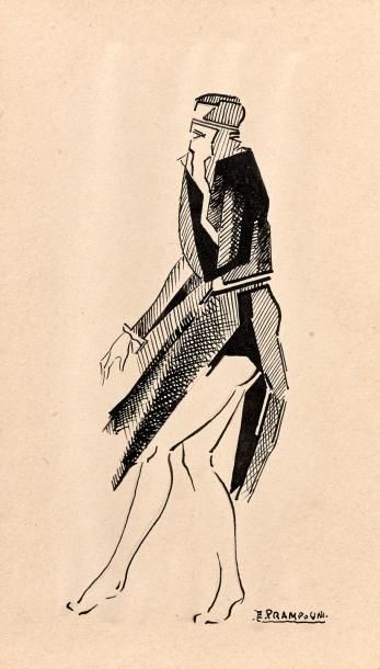 Enrico PRAMPOLINI (1894-1956) - Femme marchant - Dessin à l'encre signé en bas à...