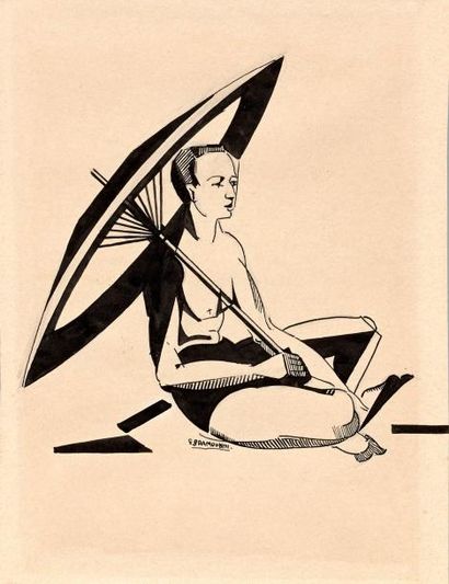 Enrico PRAMPOLINI (1894-1956) - Homme à l'ombrelle - Dessin à l'encre signé en bas...