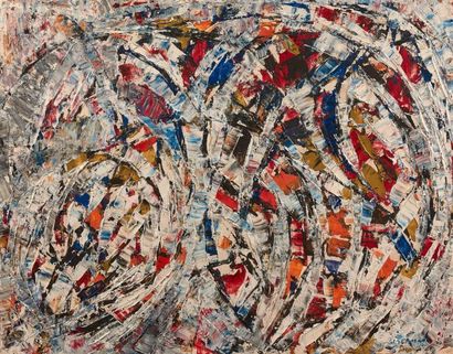 Jacques GERMAIN (1915-2001) Composition - Huile sur papier contrecollée sur toile...