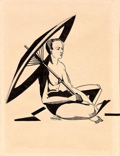 Enrico PRAMPOLINI (1894-1956) - Homme à l'ombrelle - Dessin à l'encre signé en bas...