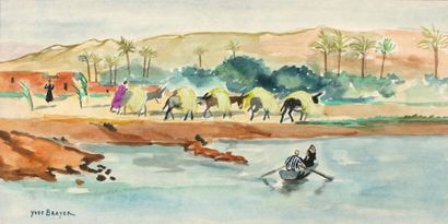 Yves BRAYER (1907-1990) Au bord de l'Oued - Aquarelle signée en bas à gauche - 37,5...