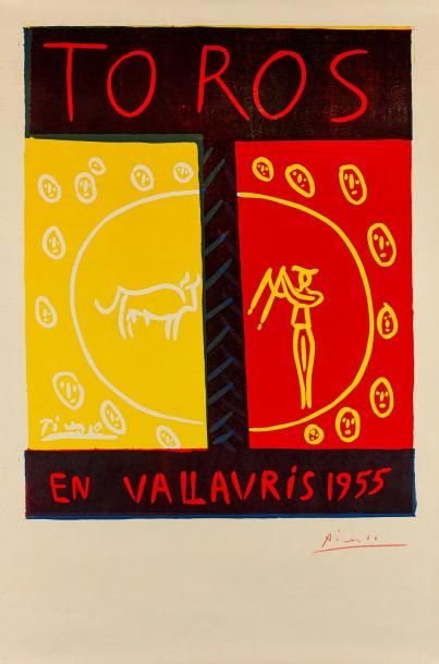 Pablo PICASSO Toros in Vallauris 1955 - Linogravure en couleurs, épreuve signée au...