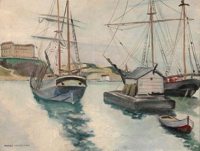André VERDILHAN (1881-1963) Bateaux au port - Huile sur toile signée en bas à gauche...