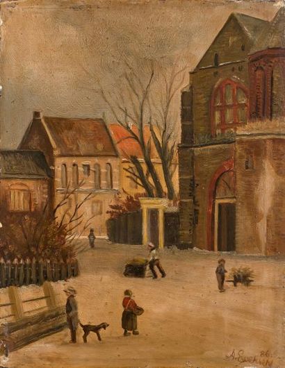 Adrianus EVERSEN (1818-1897) - Personnages à côté de l'église - Huile sur panneau...