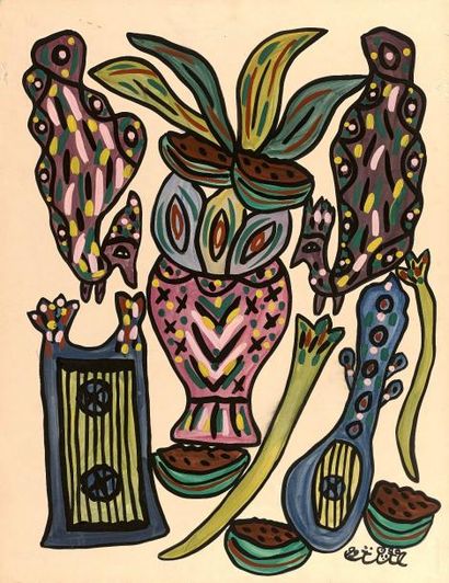 BAYA (1931-1988) Vase de fleurs - Gouache signée en bas à droite - 65 x 50 cm - Petits...