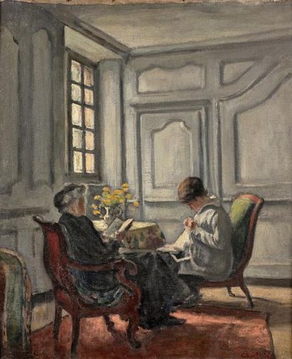 Jean Laurent CHALLIE (1880- 1943) Femme cousant et femme lisant - Huile sur toile...