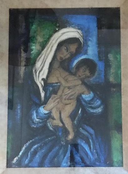null Femme et enfant - Composition mixte sur toile - 49 x 69 cm