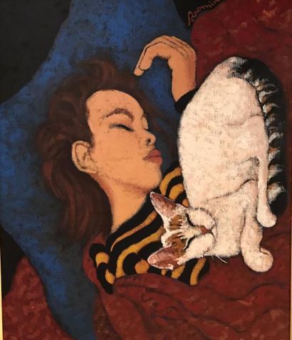 DROMIK DROMIK - Femme endormie avec son chat - Huile sur toile signée en bas vers...