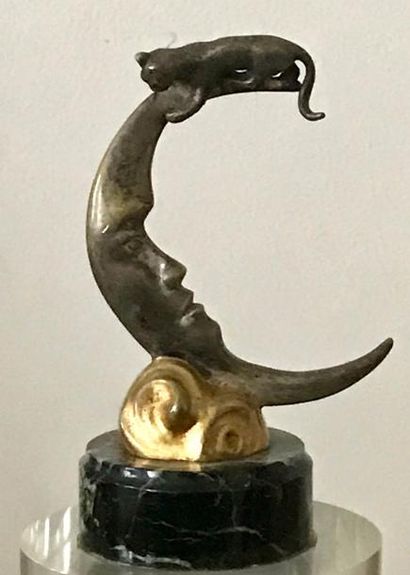 null Le chat et la lune - Bronze - Socle en marbre veiné - Hauteur : 14 cm