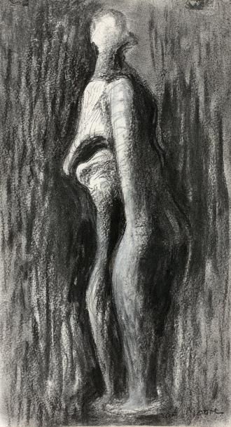 Henry Moore (1898-1986) Henry MOORE (1898-1986) - Standing wood figure, 1982 - Fusain,...