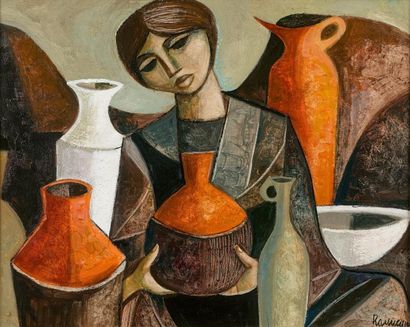 Lucio Ranucci (né en 1925) Lucio RANUCCI (Né en 1925) - Petit marché aux pots - Acrylique...