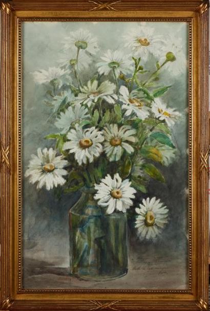 Marthe LA LYRE Marthe LA LYRE (XIX-XX) - Bouquet de fleurs - Aquarelle signée, dédicacée...