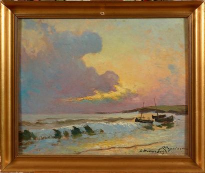 Emile CAGNIART Emile CAGNIART (1851-1911) - Barques en bord de mer - Huile sur panneau...