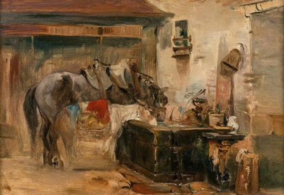Camille ROQUEPLAN Camille ROQUEPLAN (1803-1855) - Cheval et âne à l'abreuvoir - Huile...