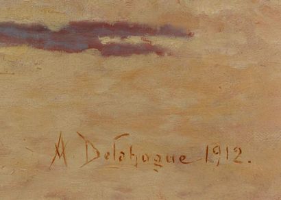 Alexis DELAHOGUE Alexis DELAHOGUE (1867-1950) - Caravanes dans le désert - Huile...