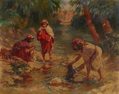 Arthur BRIDGMAN Arthur BRIDGMAN (1847-1928) - Jeunes filles au bord de l'Oued - Huile...