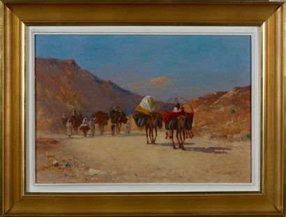 Alexis DELAHOGUE Alexis DELAHOGUE (1867-1950) - Caravanes dans le désert - Huile...