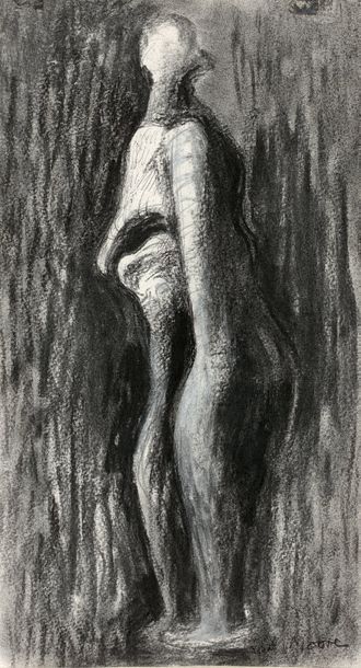 Henry MOORE Henry MOORE (1898-1986) - Standing wood figure, 1982 - Fusain, crayon,...