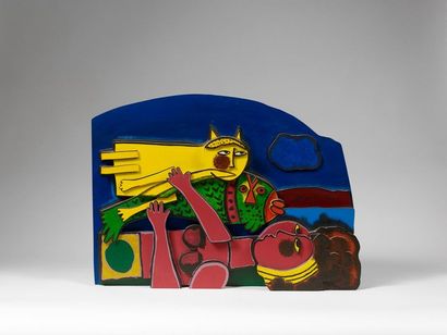 CORNEILLE CORNEILLE (1922-2010) - Femme chat et poisson - Sculpture en bois, signée...