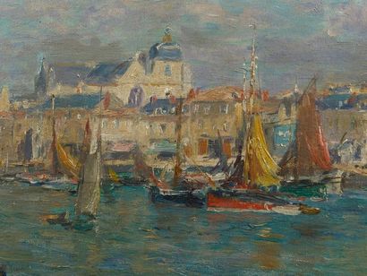 EDMOND PETITJEAN Edmond PETITJEAN (1844-1925) - Voiliers au port - Huile sur toile...