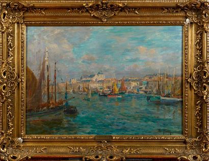 EDMOND PETITJEAN Edmond PETITJEAN (1844-1925) - Voiliers au port - Huile sur toile...