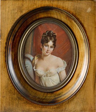 MINIATURE Madame de Récamier, miniature ovale signée Malsall - 16 x 13,5 cm (encadrée)...