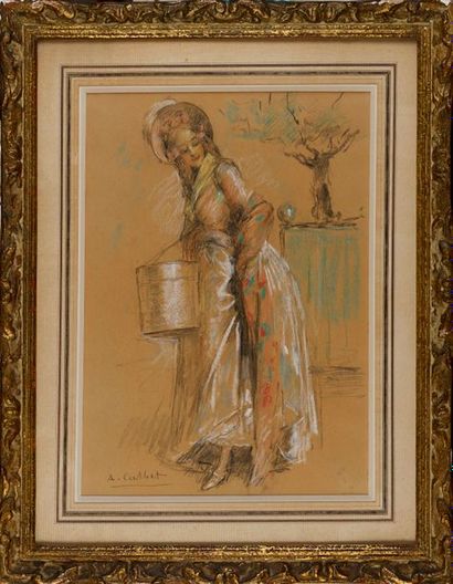 ANTOINE CALBET Antoine CALBET (186-1944) - Jeune élégante - Pastel et crayon signé...